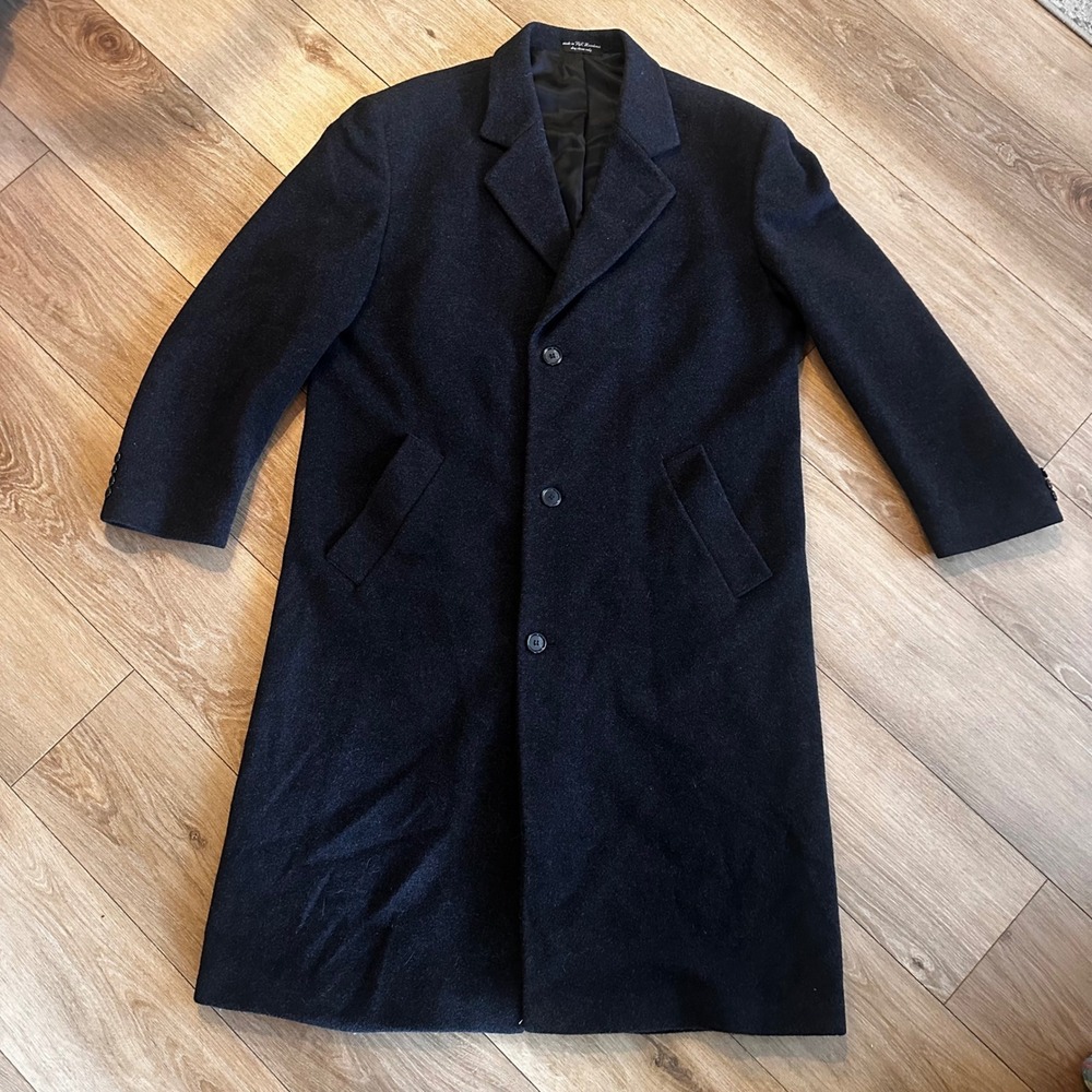 Andrew Fezza Mens Black Wool Overcoat Long Trench Coat Made in Macedonia 48L